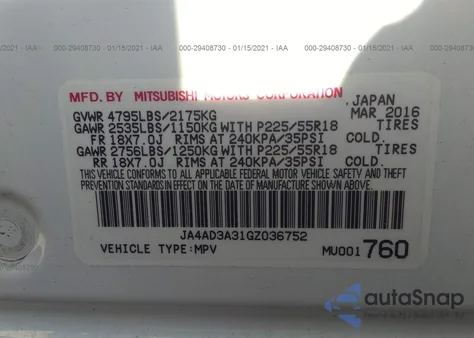 2016 Mitsubishi Outlander Se z USA, uszkodzony, nr VIN JA4AD3A31GZ036752